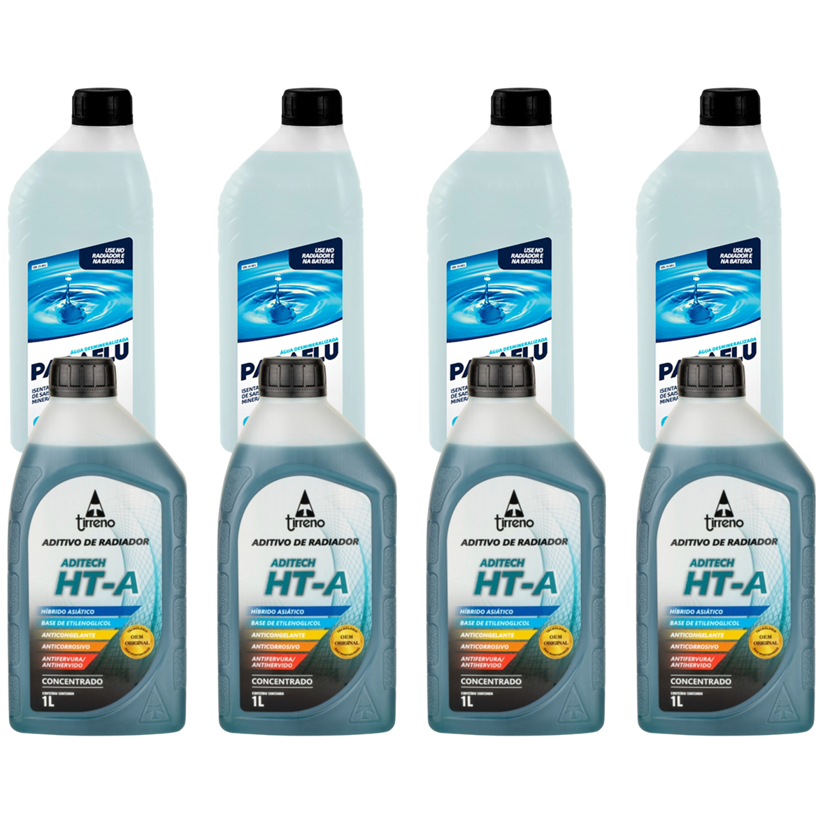 Kit 4 Litros Aditivo Radiador Concentrado Tirreno Ht-a Híbrido Asiático Azul + 4 Litros Água Desmineralizada